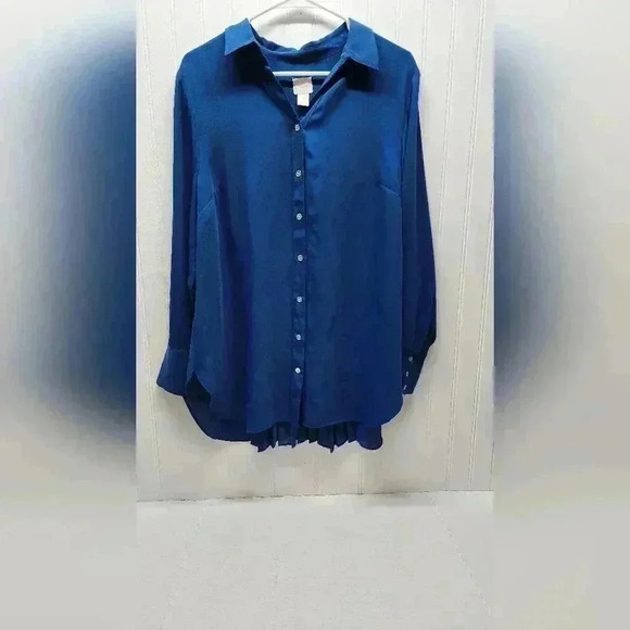 CHICO'S SIZE 2 (Large) Turquoise Pleated Back Button Down Blouse - Picture 9 of 11